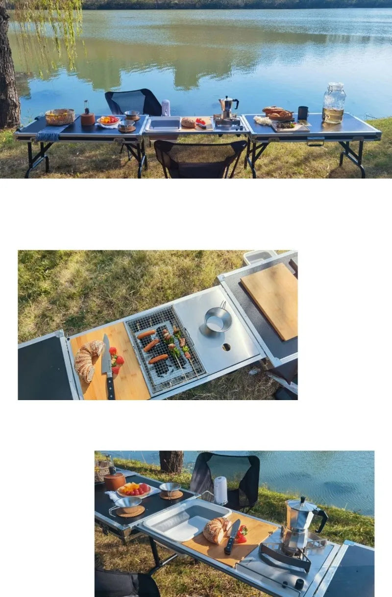 Multi-functional Cooking Mobile Kitchen Folding Dining Table Barbecue Camping Box Outdoors Portable Cooking Supplies Accessories