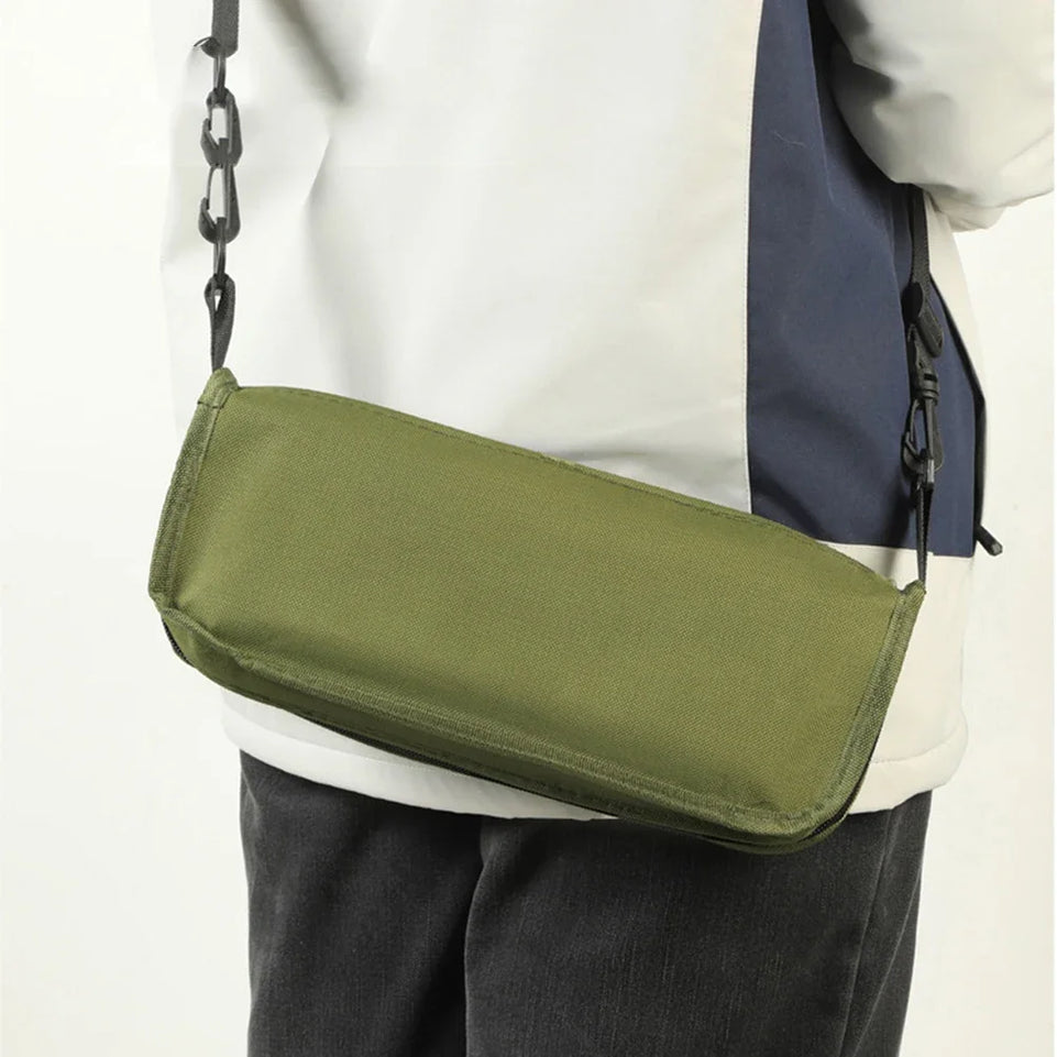 Outdoor folding backpack-style bench, equipped with mesh pockets, suitable for use during camping, traveling and hiking.