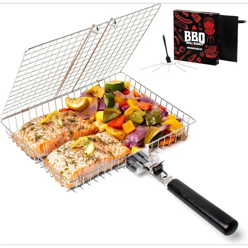 Portable  Metal iron Folding Grill Basket BBQ Grill Basket With Handle for Fish Vegetables Shrimp Cook Accessories Outdoor