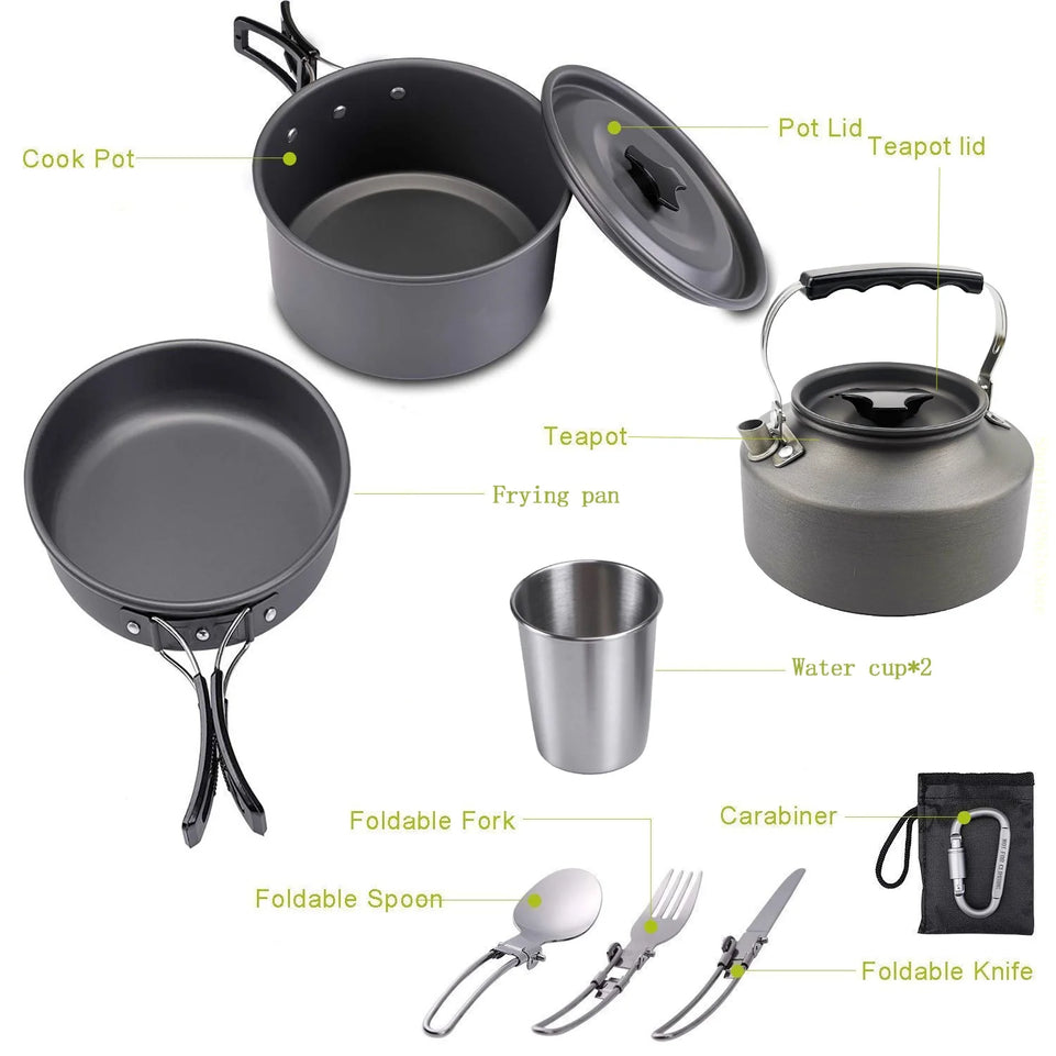 Outdoor pot and kettle set - portable outdoor cooking equipment set - camping water boiling kettle and cooking utensils