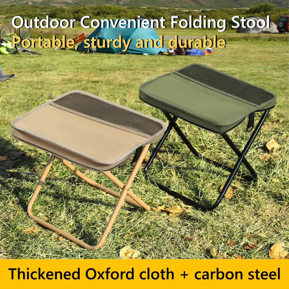 Outdoor folding backpack-style bench, equipped with mesh pockets, suitable for use during camping, traveling and hiking.