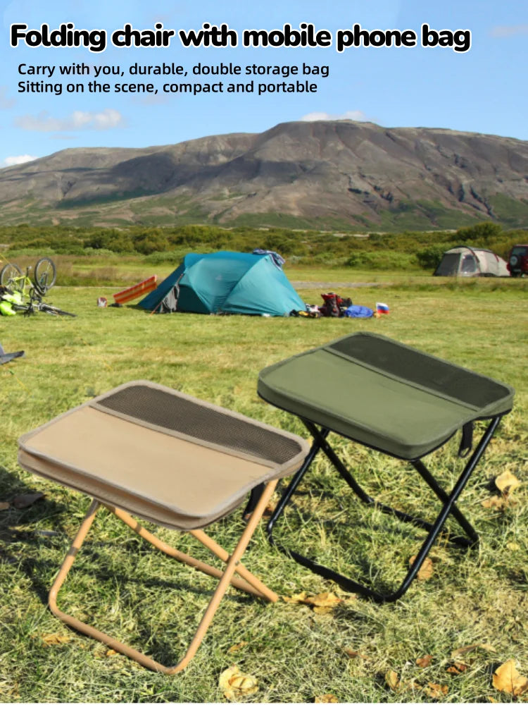Outdoor folding backpack-style bench, equipped with mesh pockets, suitable for use during camping, traveling and hiking.