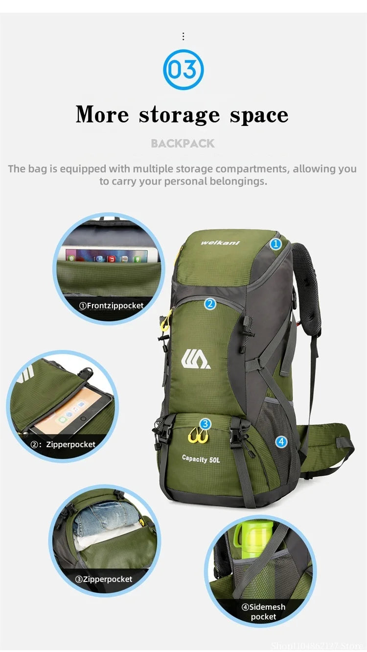 Outdoor hiking backpack of 50L for camping and hiking. Multi-functional large-capacity camping backpack. Comfortable and casual.