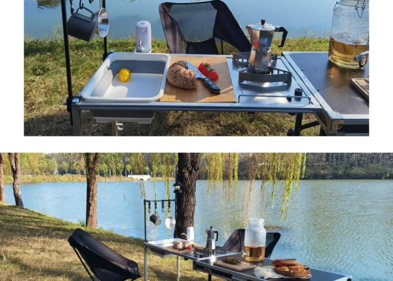 Multi-functional Cooking Mobile Kitchen Folding Dining Table Barbecue Camping Box Outdoors Portable Cooking Supplies Accessories
