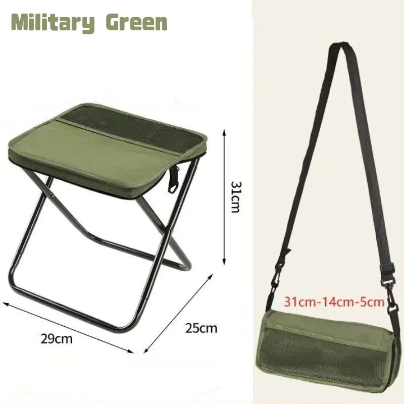Outdoor folding backpack-style bench, equipped with mesh pockets, suitable for use during camping, traveling and hiking.