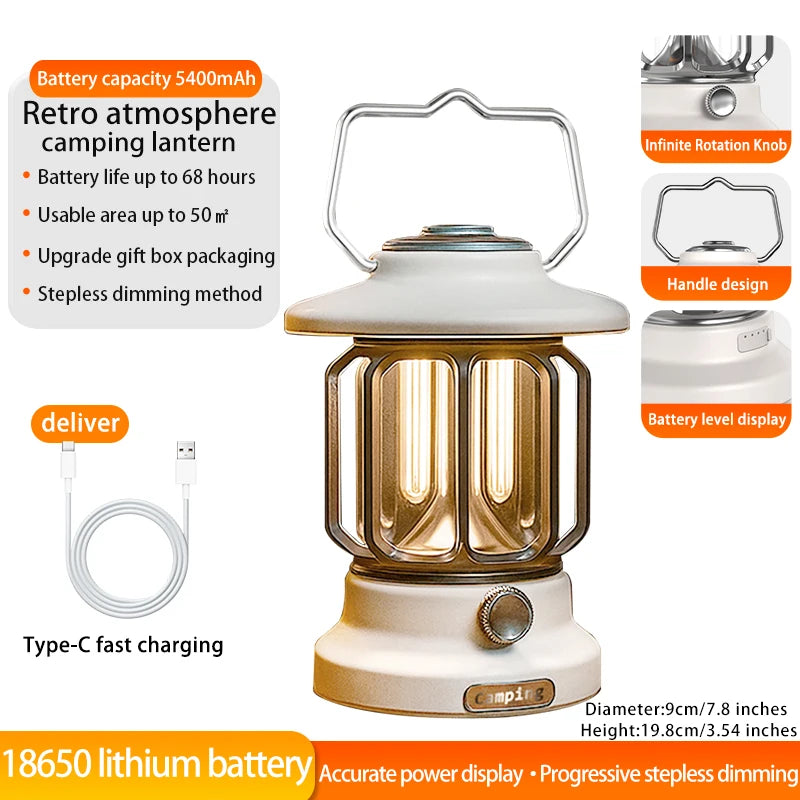 Camping lights  Portable Camping Light  Rechargeable lamp Retro style lamp Dimmable Suitable for picnics, hiking and camping