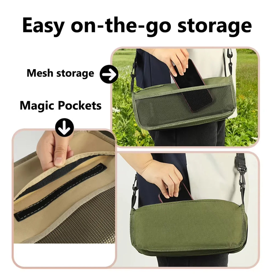 Outdoor folding backpack-style bench, equipped with mesh pockets, suitable for use during camping, traveling and hiking.