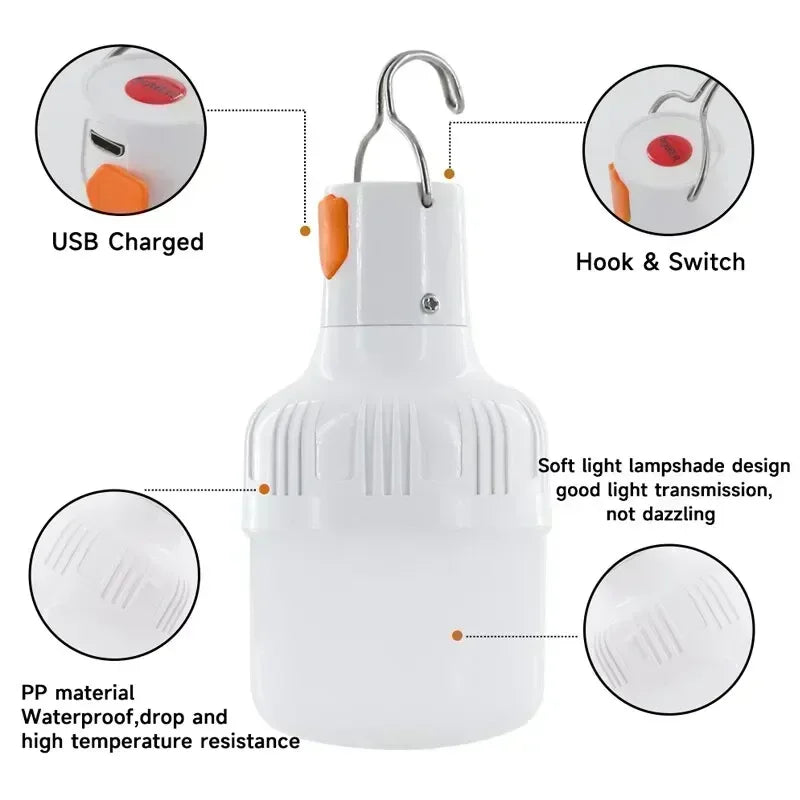 Portable Rechargeable LED Camping Light with Hook Dimmable Tent Lantern Emergency Night Lamp for Hiking Travel Adventure Use