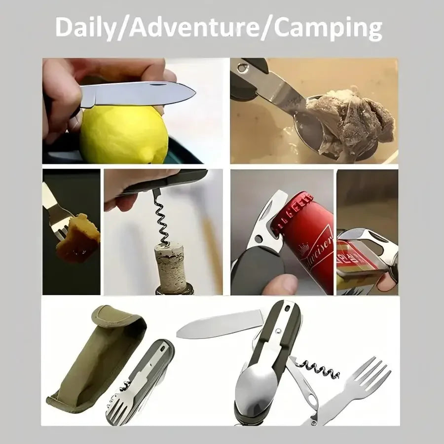 Camping Gear Portable Portable 5-in-1 Stainless Steel Travel Set, Multifunctional Folding Outdoor Utensils