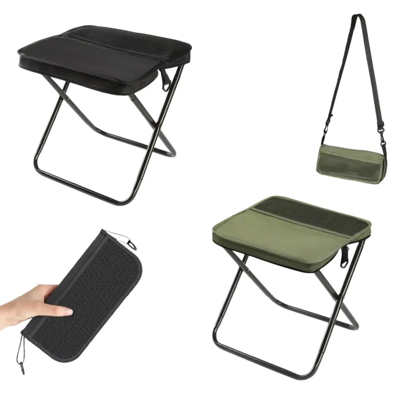 Outdoor folding backpack-style bench, equipped with mesh pockets, suitable for use during camping, traveling and hiking.