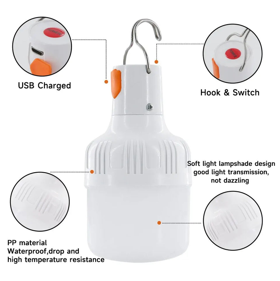 Portable Rechargeable LED Camping Light with Hook Dimmable Tent Lantern Emergency Night Lamp for Hiking Travel Adventure Use