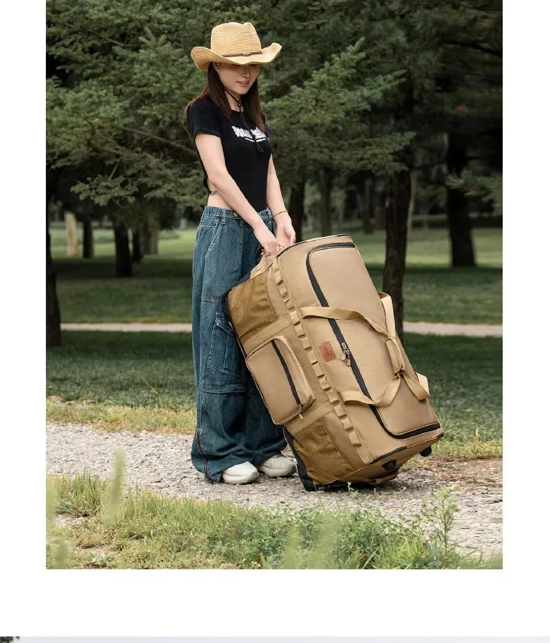 large-capacity mountain bag backpack thick storage with wheels for camping trolley and traveling easy folding labor savings