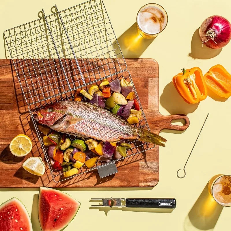 Portable  Metal iron Folding Grill Basket BBQ Grill Basket With Handle for Fish Vegetables Shrimp Cook Accessories Outdoor