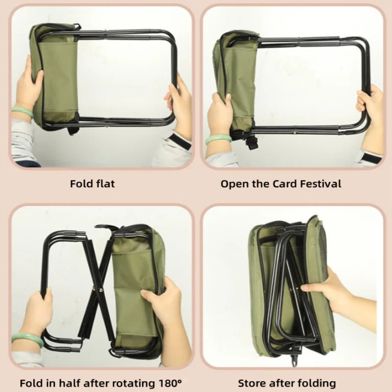 Outdoor folding backpack-style bench, equipped with mesh pockets, suitable for use during camping, traveling and hiking.