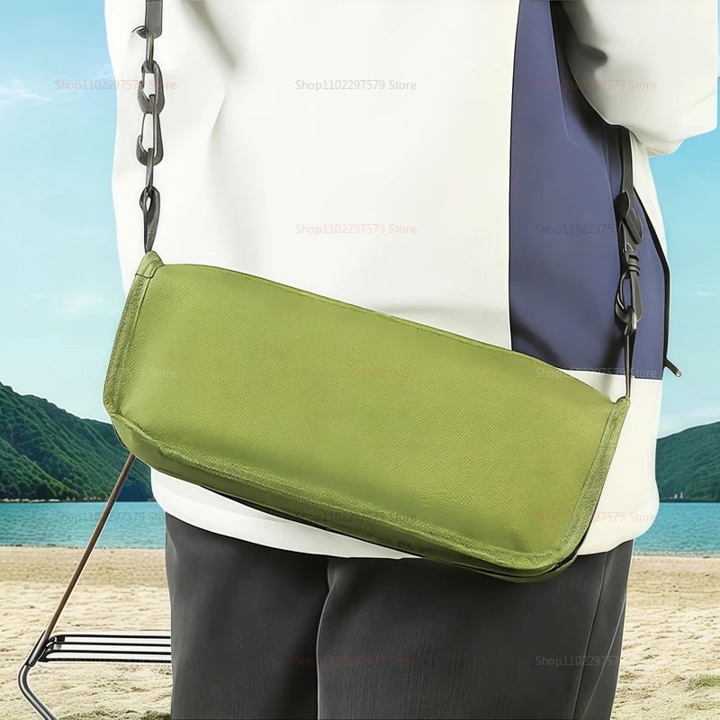 Outdoor folding backpack-style bench, equipped with mesh pockets, suitable for use during camping, traveling and hiking.