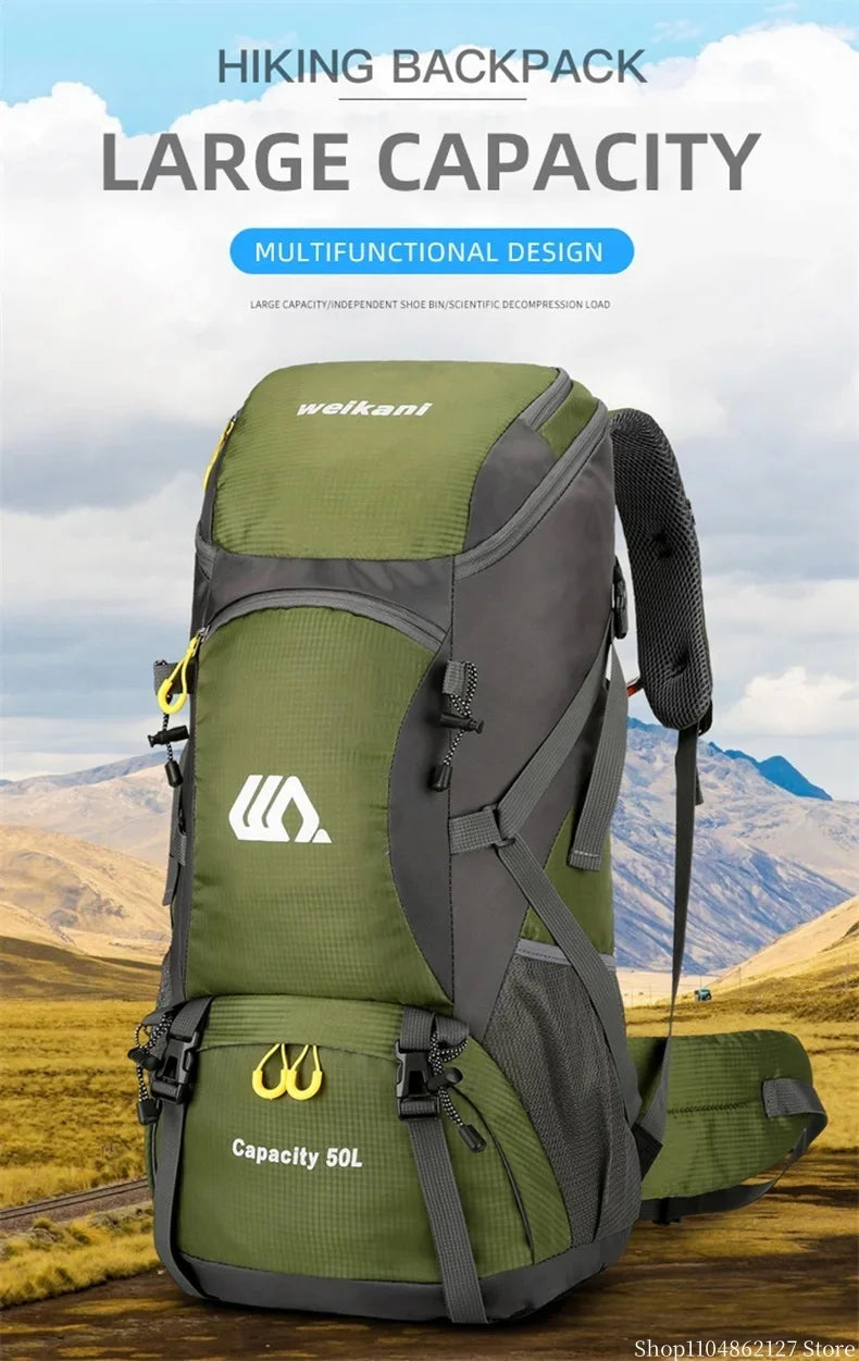 Outdoor hiking backpack of 50L for camping and hiking. Multi-functional large-capacity camping backpack. Comfortable and casual.