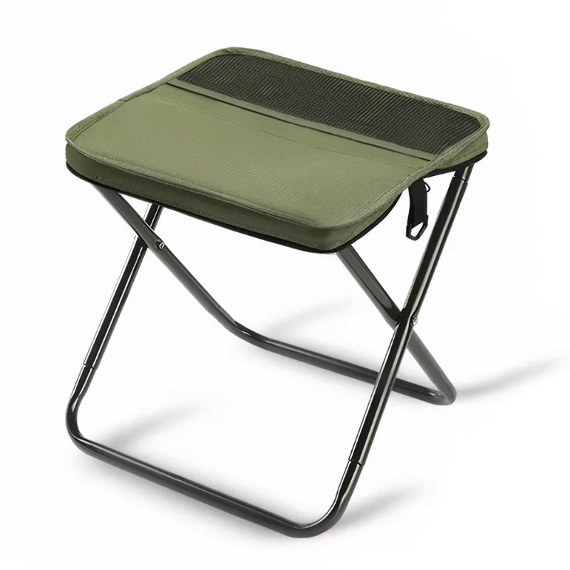 Outdoor folding backpack-style bench, equipped with mesh pockets, suitable for use during camping, traveling and hiking.
