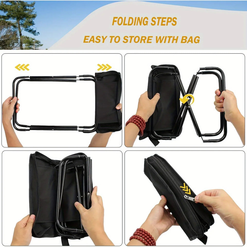 Outdoor folding backpack-style bench, equipped with mesh pockets, suitable for use during camping, traveling and hiking.