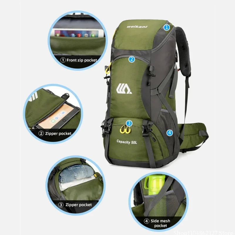 Outdoor hiking backpack of 50L for camping and hiking. Multi-functional large-capacity camping backpack. Comfortable and casual.