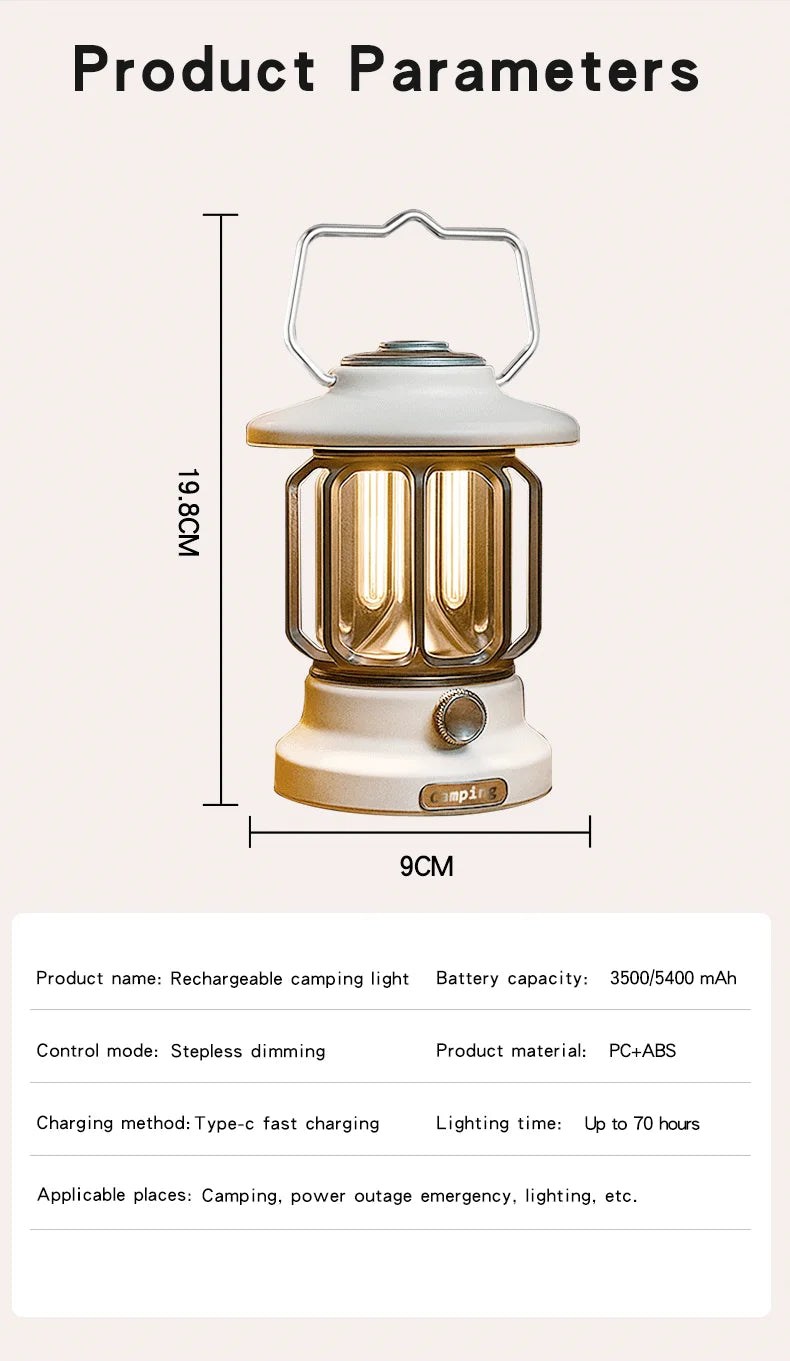 Camping lights  Portable Camping Light  Rechargeable lamp Retro style lamp Dimmable Suitable for picnics, hiking and camping
