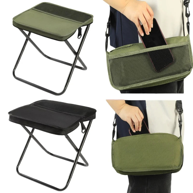 Outdoor folding backpack-style bench, equipped with mesh pockets, suitable for use during camping, traveling and hiking.