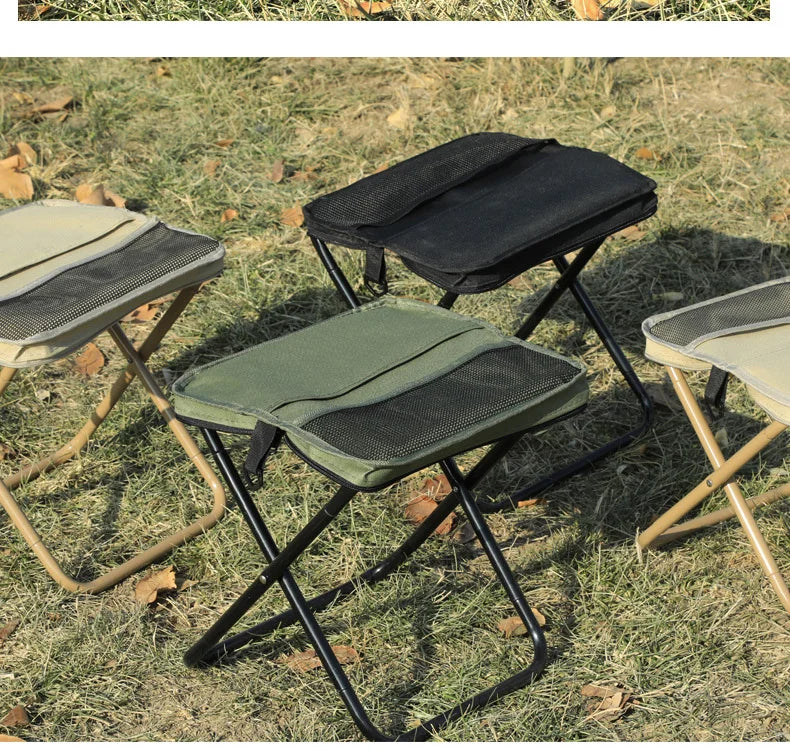Outdoor folding backpack-style bench, equipped with mesh pockets, suitable for use during camping, traveling and hiking.
