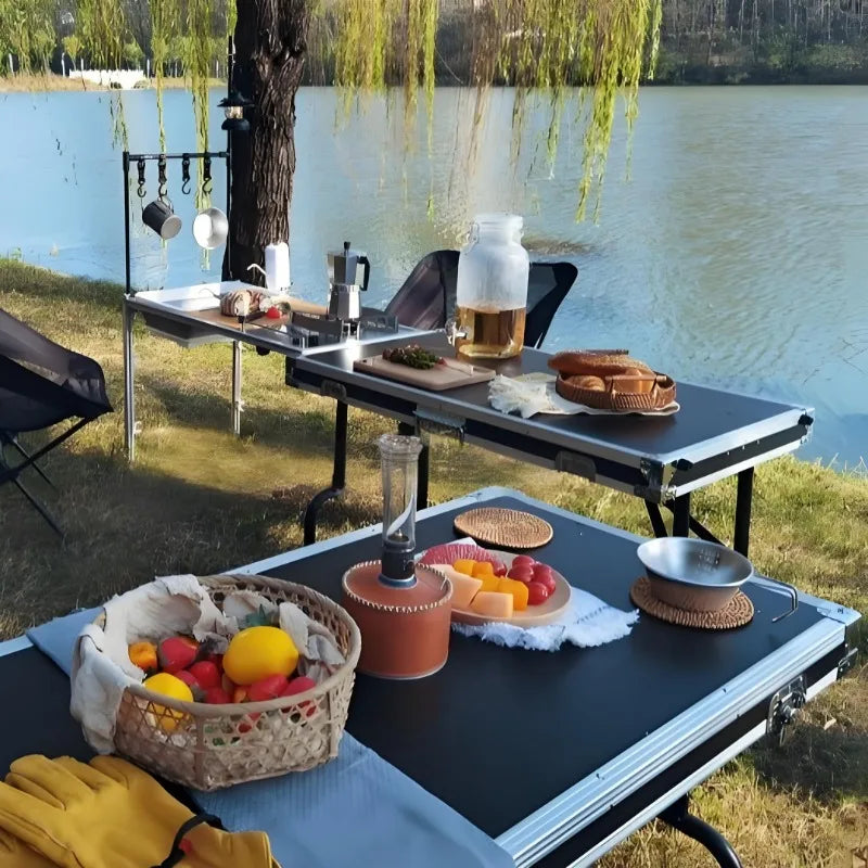 Multi-functional Cooking Mobile Kitchen Folding Dining Table Barbecue Camping Box Outdoors Portable Cooking Supplies Accessories