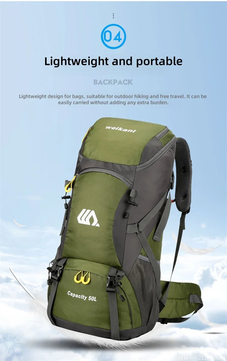 Outdoor hiking backpack of 50L for camping and hiking. Multi-functional large-capacity camping backpack. Comfortable and casual.